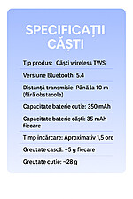 Căști Wireless Bluetooth 5.4 cu cutie de încărcare de culoare neagra+incarcator 15 W – baterie 350 mAh, autonomie optimizată - imagine 7