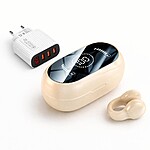 Căști Wireless Bluetooth 5.4 cu cutie de încărcare de culoare bej+incarcator 15 W – baterie 350 mAh, autonomie optimizată